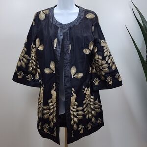 Grace Chuang Semi-Sheer Peacock Embroidered Black & Gold Kimono Cardigan Size L